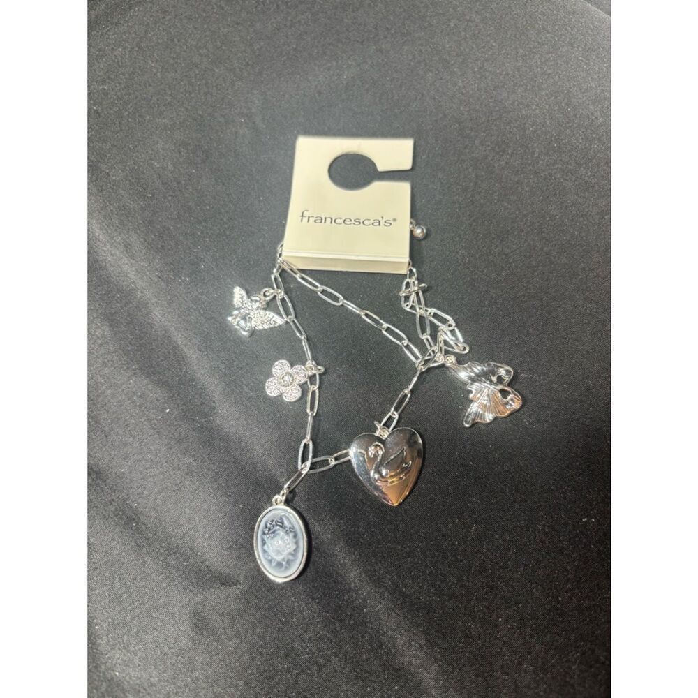 New Francesca’s Collections Silver Charm Bracelet with Heart Swan & Floral Charm